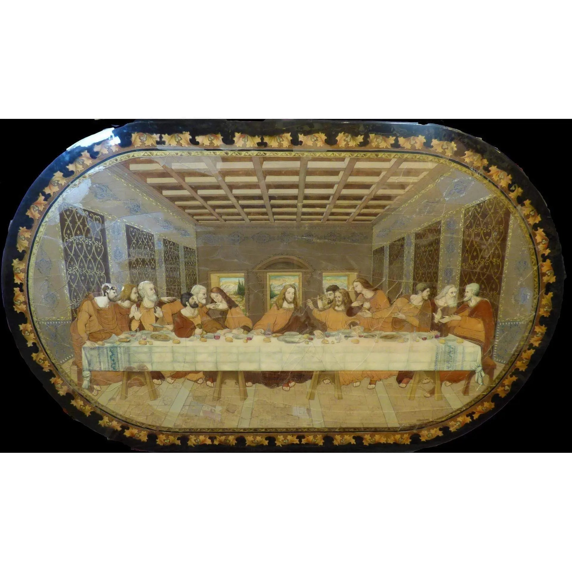 Antique Persian Marquetry Moaragh Fine Art Hand Made Last Supper Decoration 8' 0" X 61" Abcp-268